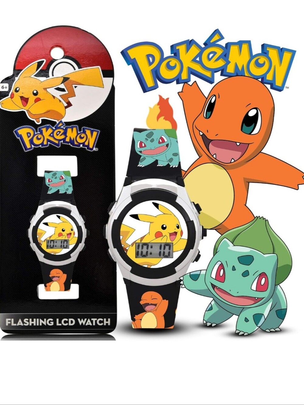Kids Digital LCD Watch – Black with Pikachu, Charmander & Bulbasaur
